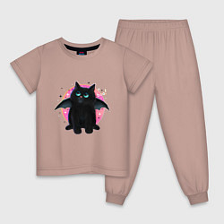 Пижама хлопковая детская Черный котенок летучая мышь хэллоуин, цвет: пыльно-розовый
