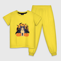 Пижама хлопковая детская Кот на хэллоуине, цвет: желтый