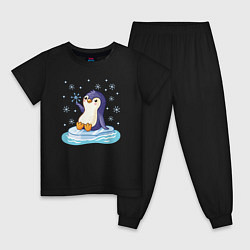 Пижама хлопковая детская Пингвин на льдине, цвет: черный