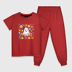 Пижама хлопковая детская Привидение в цветах, цвет: красный