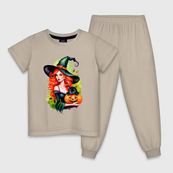 Пижама хлопковая детская Рыжая ведьма с тыквой и черным котом, цвет: миндальный