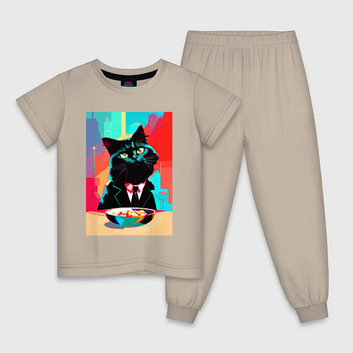 Детская пижама Чёрный котик джентльмен - нейросеть / Миндальный – фото 1