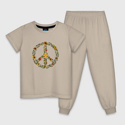 Пижама хлопковая детская Пацифик знак хиппи цветы, цвет: миндальный