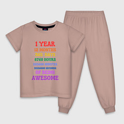Пижама хлопковая детская Один годик в днях - месяцах - минутах - секундах, цвет: пыльно-розовый