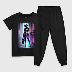 Пижама хлопковая детская Крутая модная кисуля в ночном Бронксе - нейросеть, цвет: черный