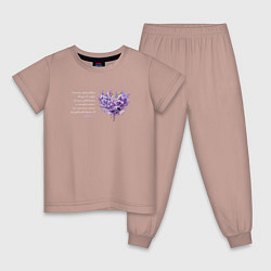 Пижама хлопковая детская Цветы и сердце с надписью, цвет: пыльно-розовый