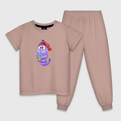 Пижама хлопковая детская Червяк в кепке пьет сок из стакана, цвет: пыльно-розовый