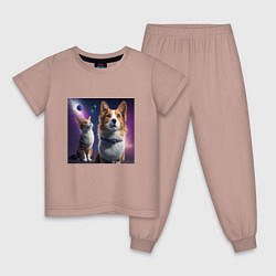Пижама хлопковая детская Собака и кот в космосе, цвет: пыльно-розовый