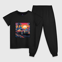 Пижама хлопковая детская Ретро машина и футуристический город на закате, цвет: черный