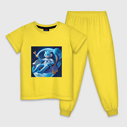 Пижама хлопковая детская Голубой котик космонавт с коктейлем, цвет: желтый