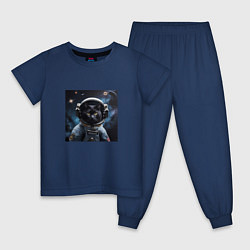 Пижама хлопковая детская Черный котик космонавт, цвет: тёмно-синий