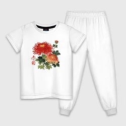 Пижама хлопковая детская Красные хризантемы, цвет: белый
