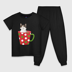 Пижама хлопковая детская Кот в новогодней кружке, цвет: черный