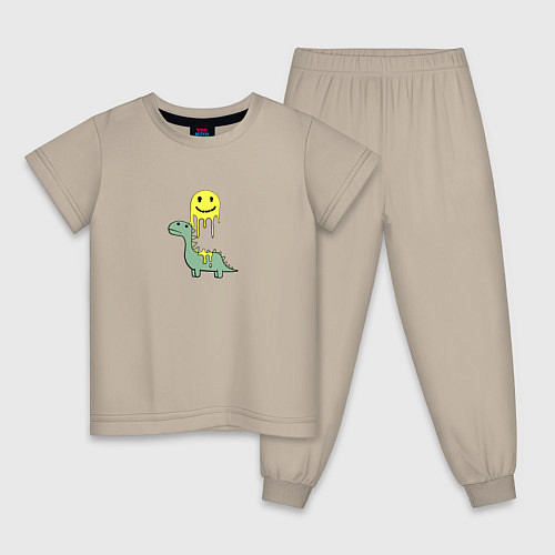 Детская пижама Мультяшный динозавр и стекающий смайлик / Миндальный – фото 1