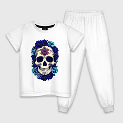 Пижама хлопковая детская Череп с сининими розами, цвет: белый