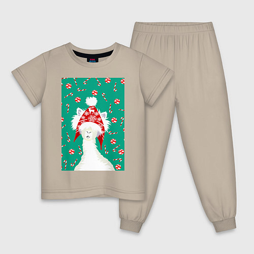 Детская пижама Лама - альпака в ушанке / Миндальный – фото 1