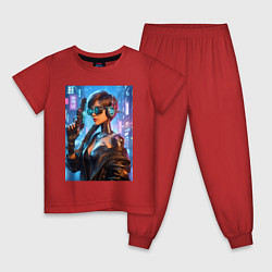 Пижама хлопковая детская Крутая девчонка с пистолетом - киберпанк, цвет: красный