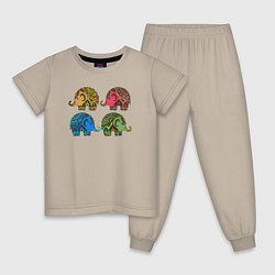 Пижама хлопковая детская Разноцветные слоны, цвет: миндальный