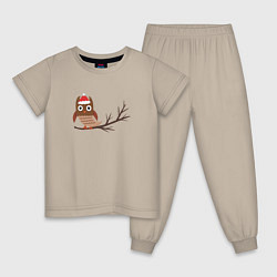 Пижама хлопковая детская Новогодняя сова на ветке, цвет: миндальный