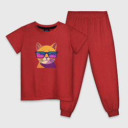 Пижама хлопковая детская Кот в стильных очках, цвет: красный