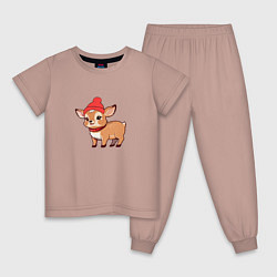 Пижама хлопковая детская Маленький олень в красной шапке, цвет: пыльно-розовый
