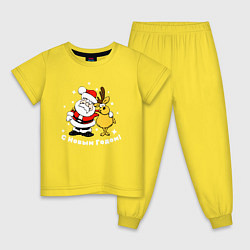 Пижама хлопковая детская Дед мороз с оленем, цвет: желтый