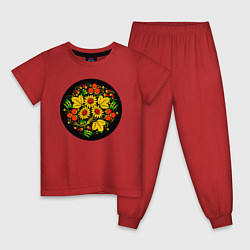 Пижама хлопковая детская Хохломская роспись цветы и ягоды в чёрном круге, цвет: красный