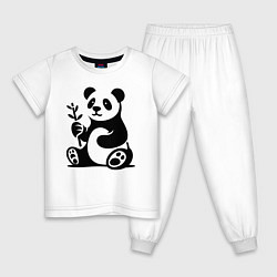 Пижама хлопковая детская Сидящая панда с бамбуком в лапе, цвет: белый