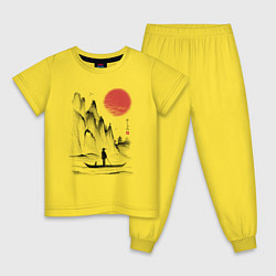 Пижама хлопковая детская Традиционный японский пейзаж с рыбаком и горами, цвет: желтый