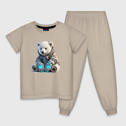 Пижама хлопковая детская Прикольный мишутка - киберпанк, цвет: миндальный