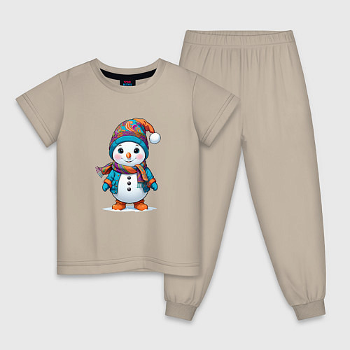 Детская пижама Снеговик в шапочке и с шарфом / Миндальный – фото 1