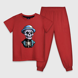 Пижама хлопковая детская Скелет в синей шляпе, цвет: красный