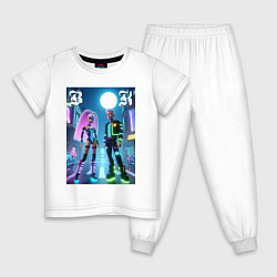 Пижама хлопковая детская Барби и Кен в ночном городе - неон, цвет: белый