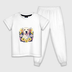 Пижама хлопковая детская Лабрадор-ретривер среди цветов, цвет: белый