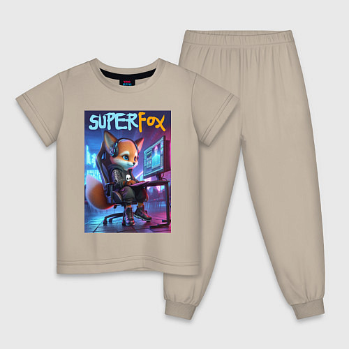 Детская пижама Super fox gamer - ai art fantasy / Миндальный – фото 1