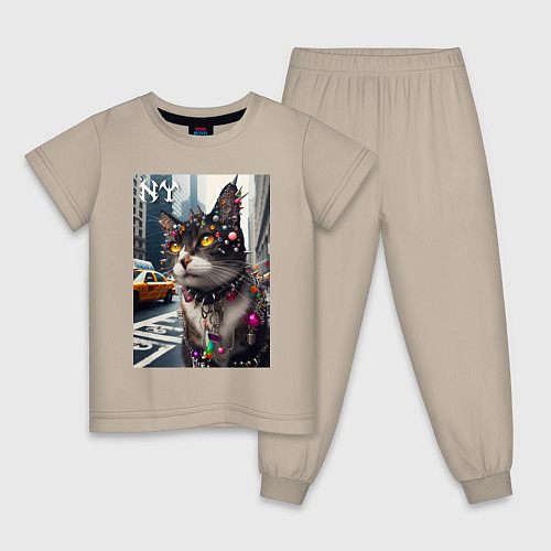 Детская пижама Пирсинг Нью-Йоркского кота - нейросеть / Миндальный – фото 1