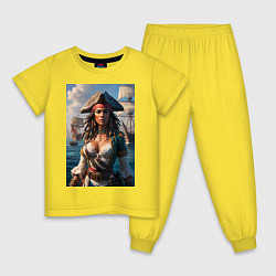 Пижама хлопковая детская Пиратка на фона флотилии кораблей, цвет: желтый