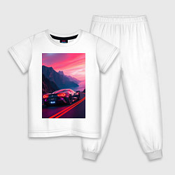Пижама хлопковая детская Суперкар едет около океана, цвет: белый
