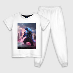 Пижама хлопковая детская Годзилла посреди мегаполиса, цвет: белый