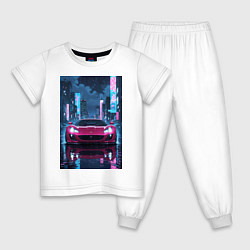 Пижама хлопковая детская Вишневый спорткар по мокрой дороге, цвет: белый