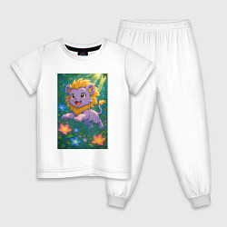 Пижама хлопковая детская Лиловый милый львёнок - в прыжке, цвет: белый