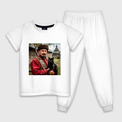 Пижама хлопковая детская Казак с чёрным котом, цвет: белый