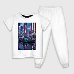 Пижама хлопковая детская Суперкар на фоне небостребов, цвет: белый
