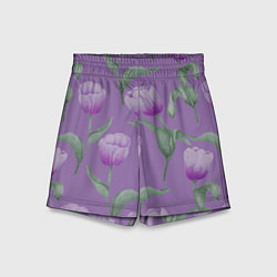 Шорты детские Фиолетовые тюльпаны с зелеными листьями, цвет: 3D-принт