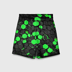 Шорты детские Зелёно-серые шестиугольники на чёрном фоне, цвет: 3D-принт