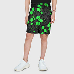Шорты детские Зелёно-серые шестиугольники на чёрном фоне, цвет: 3D-принт — фото 2