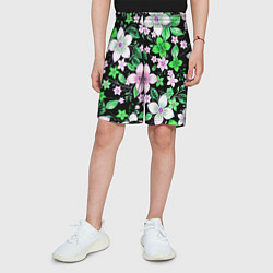 Шорты детские Зелёно-белые цветы на чёрном фоне, цвет: 3D-принт — фото 2