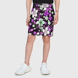 Шорты детские Фиолетово-белые цветы на чёрном фоне, цвет: 3D-принт — фото 2