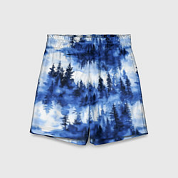 Детские шорты Силуэты деревьев и отражения - акварельный лесной