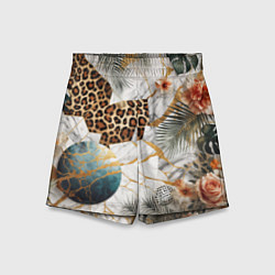 Шорты детские Мрамор с цветами и леопардовый узор, цвет: 3D-принт